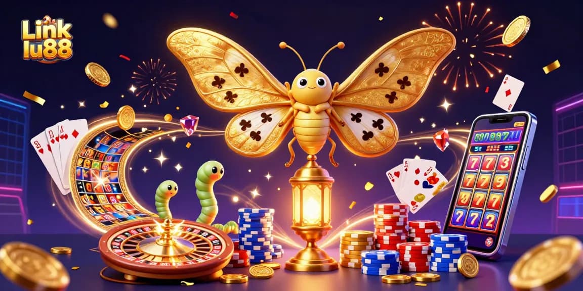 Experience excitement with Link lu88 in this vibrant 3D casino scene filled with golden coins, a roulette wheel, and slot reels.