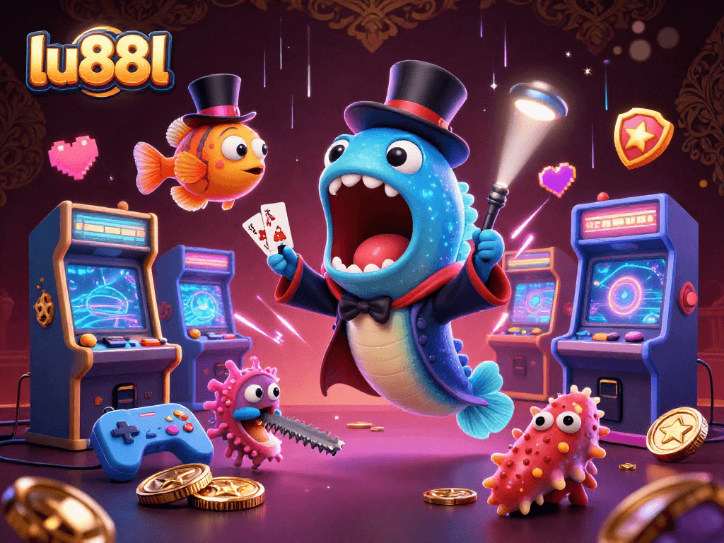 Experience the enchanting world of lu88l as the deep-sea gulper eel performs magical card tricks in a vibrant 3D casino setting.
