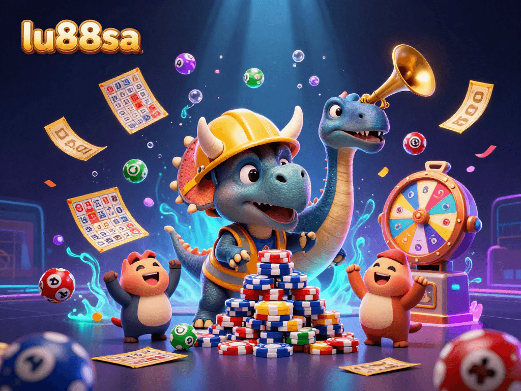 Join the excitement at lu88sa while a triceratops builds poker chip pyramids in vibrant celebration.