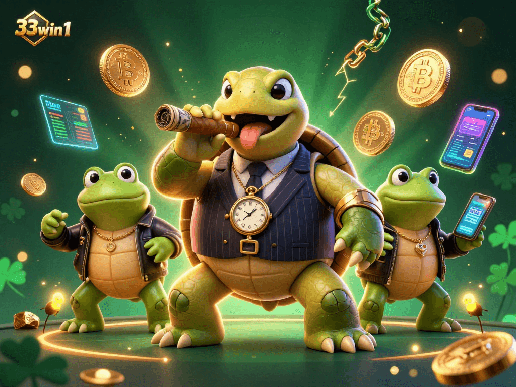 Engage in thrilling gaming action with 33win1 as a snapping turtle mobster ignites the crypto casino atmosphere.