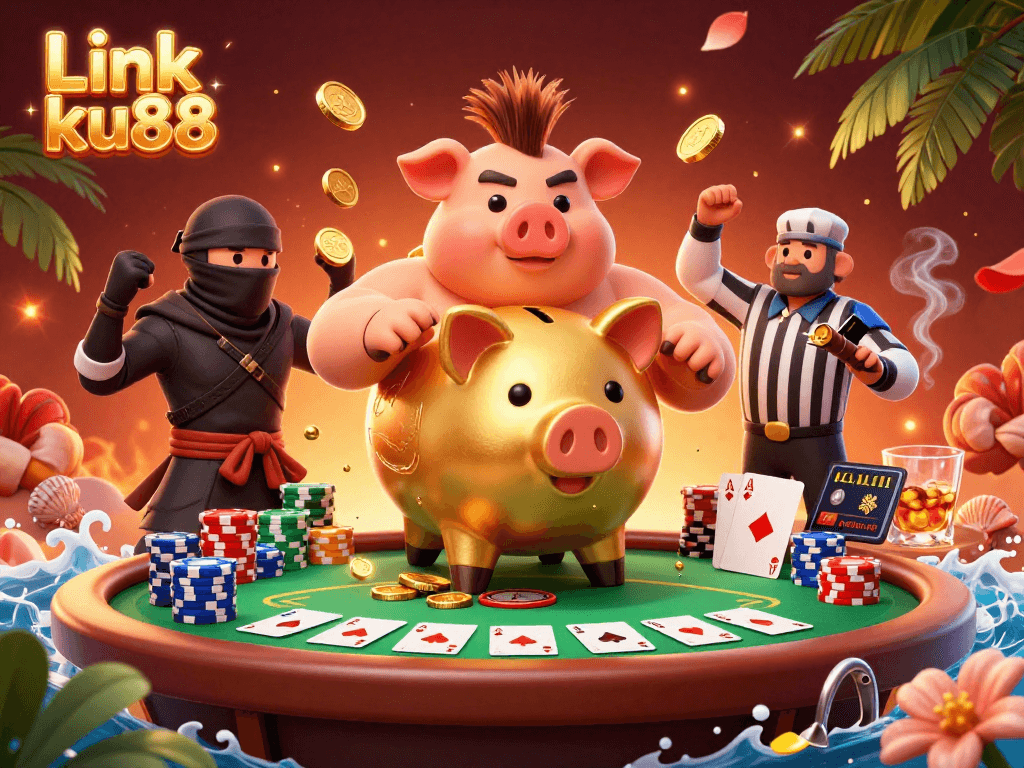 Join the excitement with Link ku88 as the golden piggy bank sumo wrestler stomps, unleashing golden coins in this dynamic casino scene.