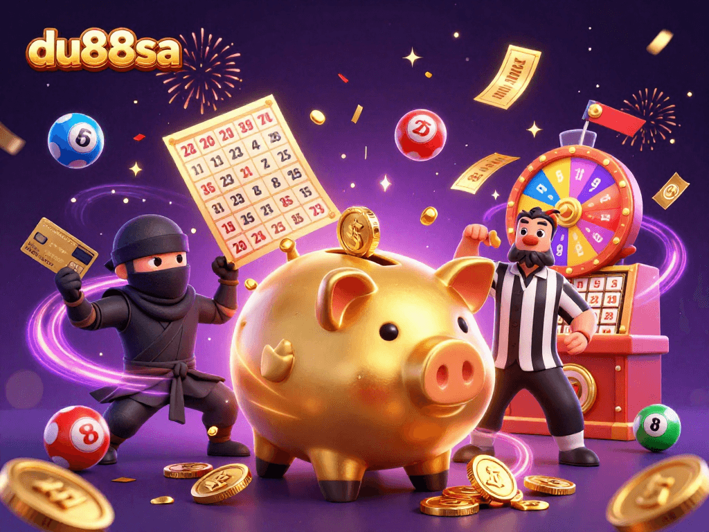 Join the exciting gameplay at du88sa in an action-packed casino scene featuring a golden piggy bank and more.