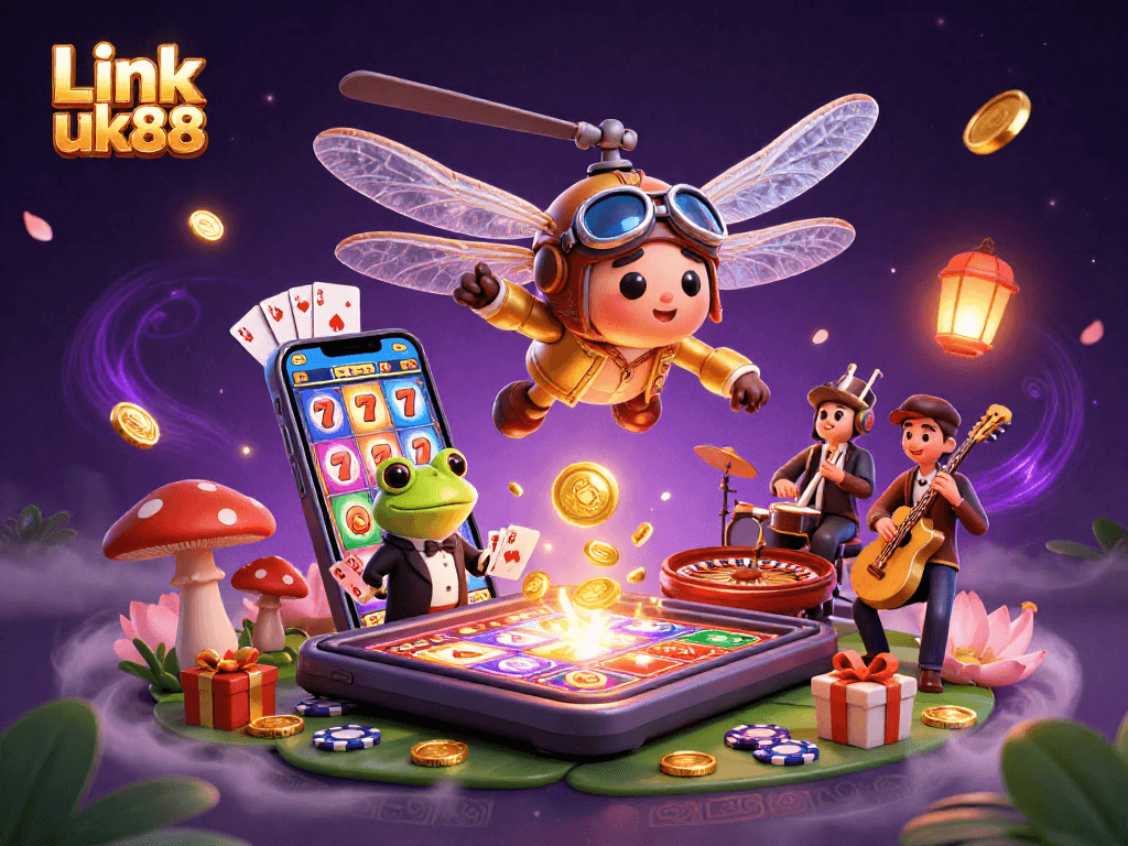 Engage in thrilling gameplay at Link uk88 with a vibrant 3D illustration featuring a dragonfly pilot and game elements.