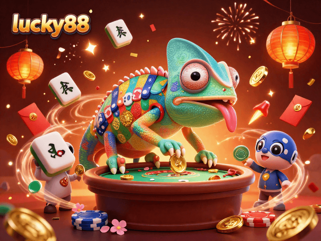 Explore lucky88 with a vibrant casino scene featuring a colorful chameleon owner and festive decorations.