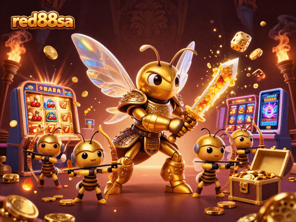 Experience thrilling gameplay at red88sa featuring a dramatic casino scene with lucky symbols and golden characters.