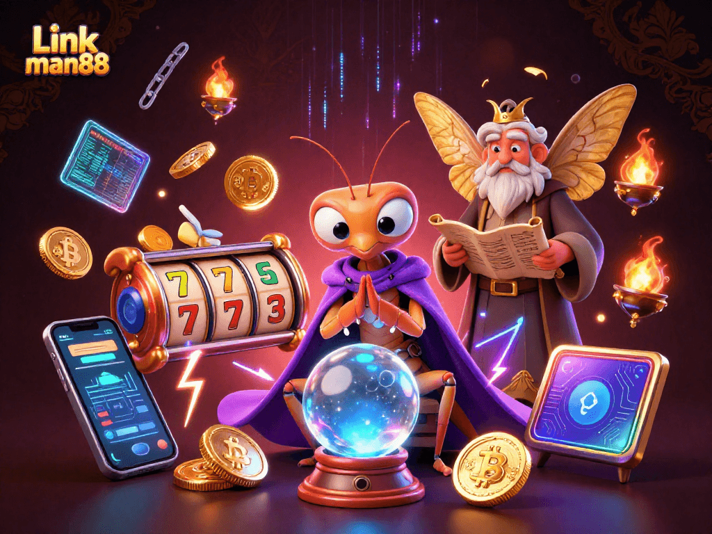 Engage with Link man88's thrilling slot games through a mystical illustration featuring unique characters and crypto elements.
