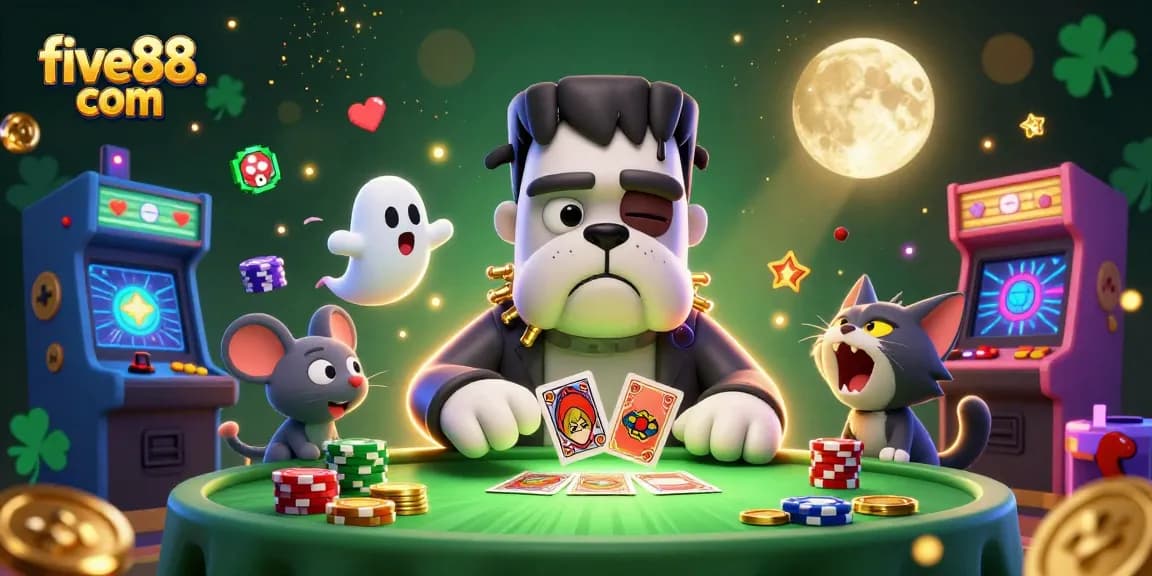 Engage in thrilling card games at five88. com with a cartoon Frankenstein bulldog dealer surrounded by vibrant gaming elements.