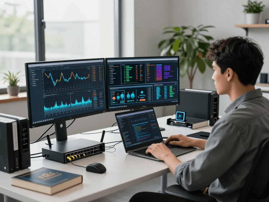 Network engineer at https://88.rokok.uk analyzing server uptime and performance metrics in a modern tech workspace.