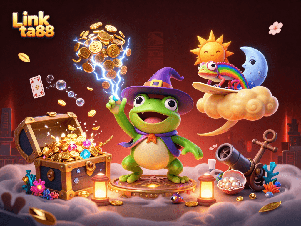Experience the thrill of winnings at Link ta88 while observing golden coins and magical creatures in a vibrant casino world.