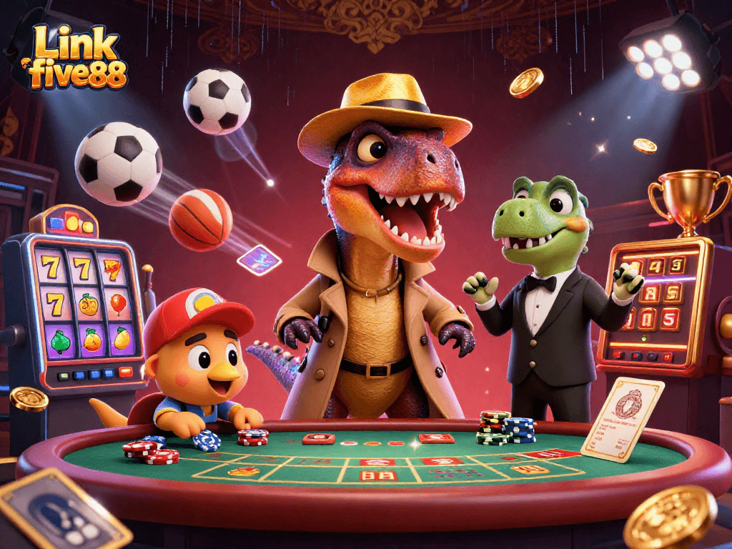 Experience excitement with Link five88 as a velociraptor plays blackjack in a vibrant casino scene.