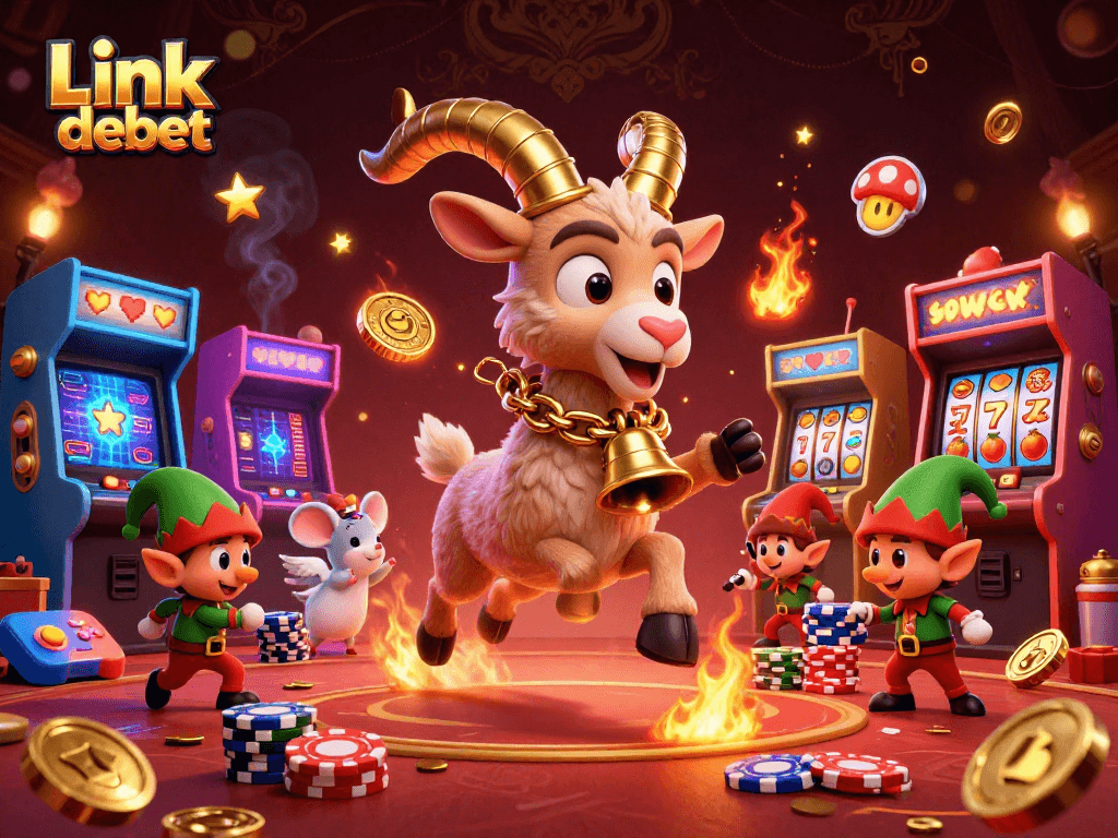 Experience the thrilling action of Link debet with festive characters stealing poker chips in a busy casino.
