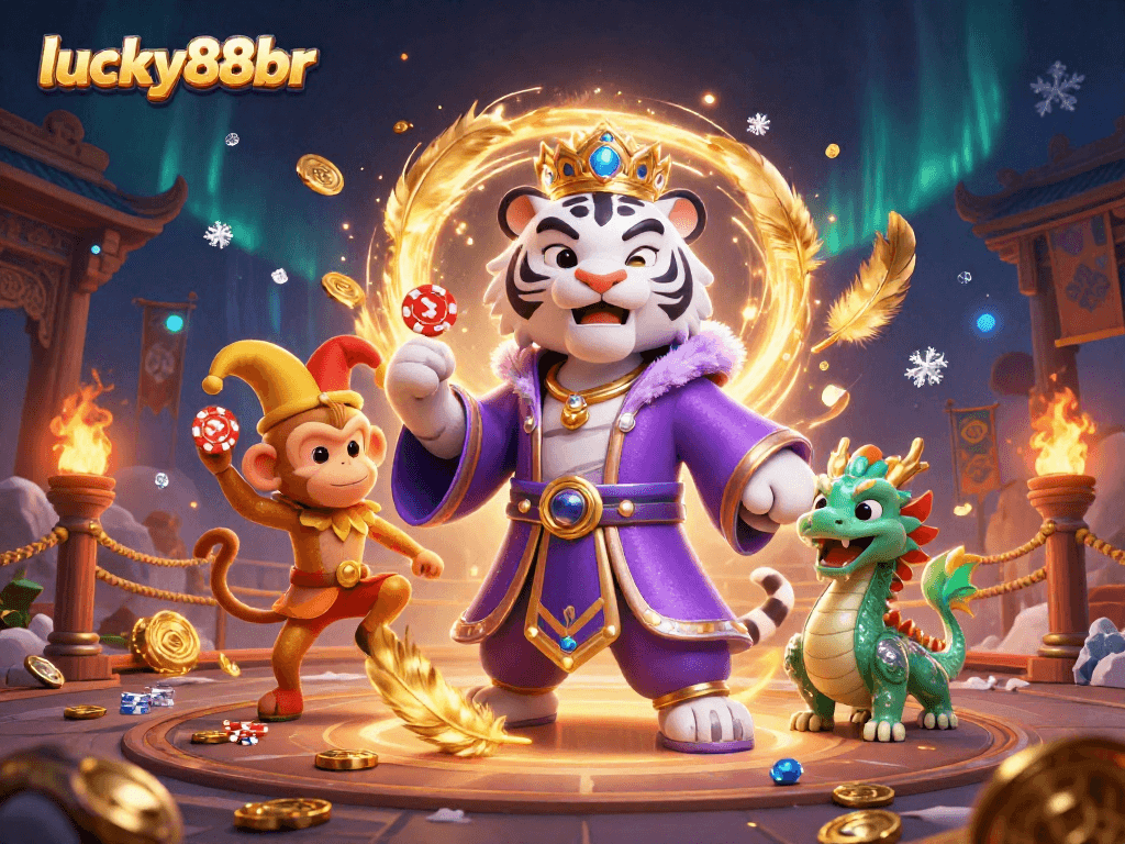 Experience thrilling gameplay with lucky88br featuring an engaging 3D illustration of a royal tiger, playful monkey, and magical dragon.