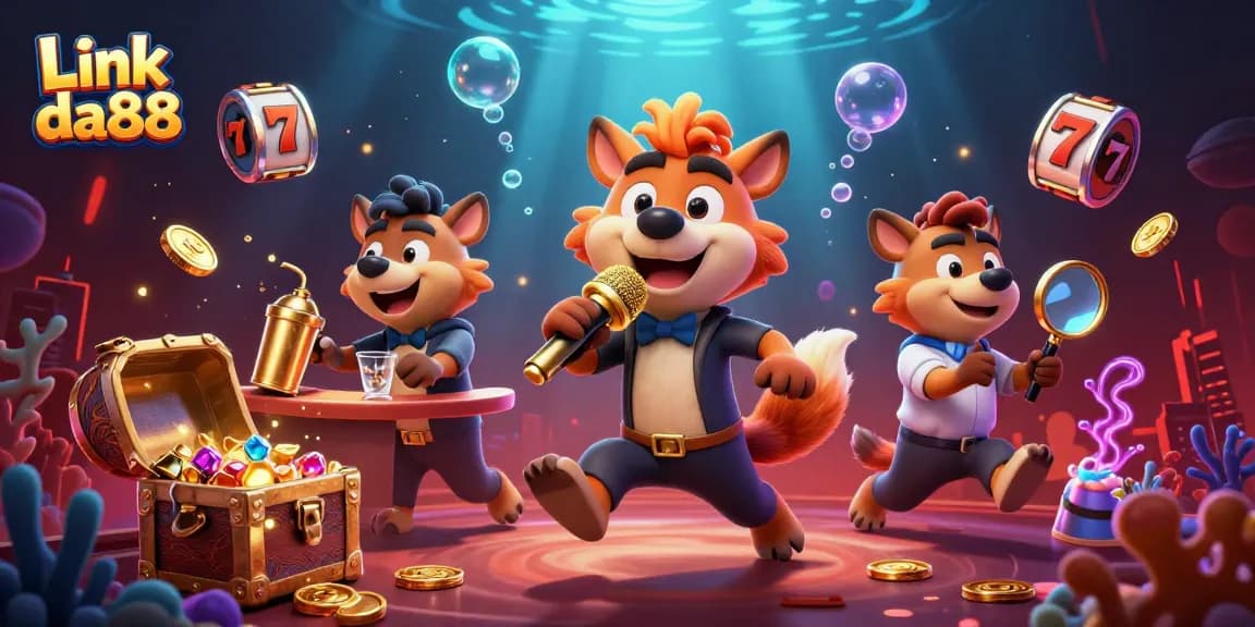 Engage with Link da88 at a vibrant casino scene featuring hyenas and golden treasures.