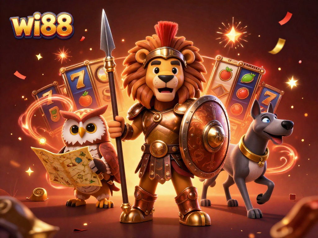 Spin and win with wi88, where the Spartan lion leads the adventure among slot reels and golden treasures.