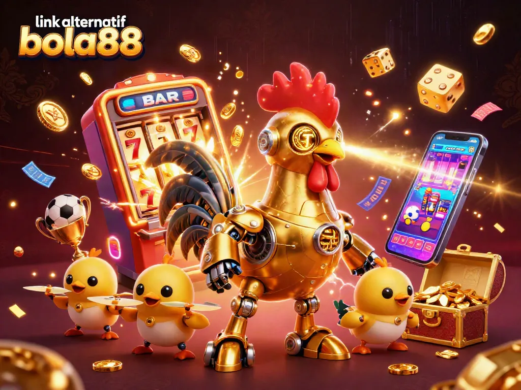 Experience the thrill of betting with link alternatif bola88, featuring a golden rooster robot and baby chick drones.