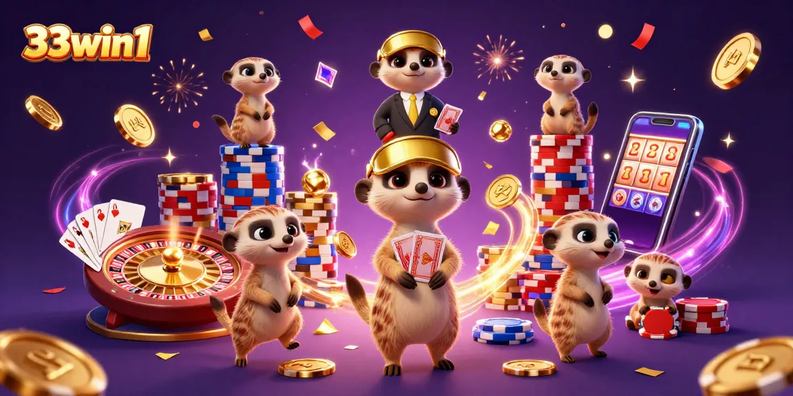 Experience the thrill of winning at 33win1 with lively meerkat characters in a casino scene.