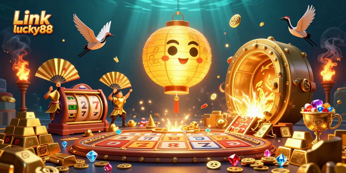 Experience vibrant fun at Link lucky88 with dynamic casino games and golden treasures in this 3D digital art.