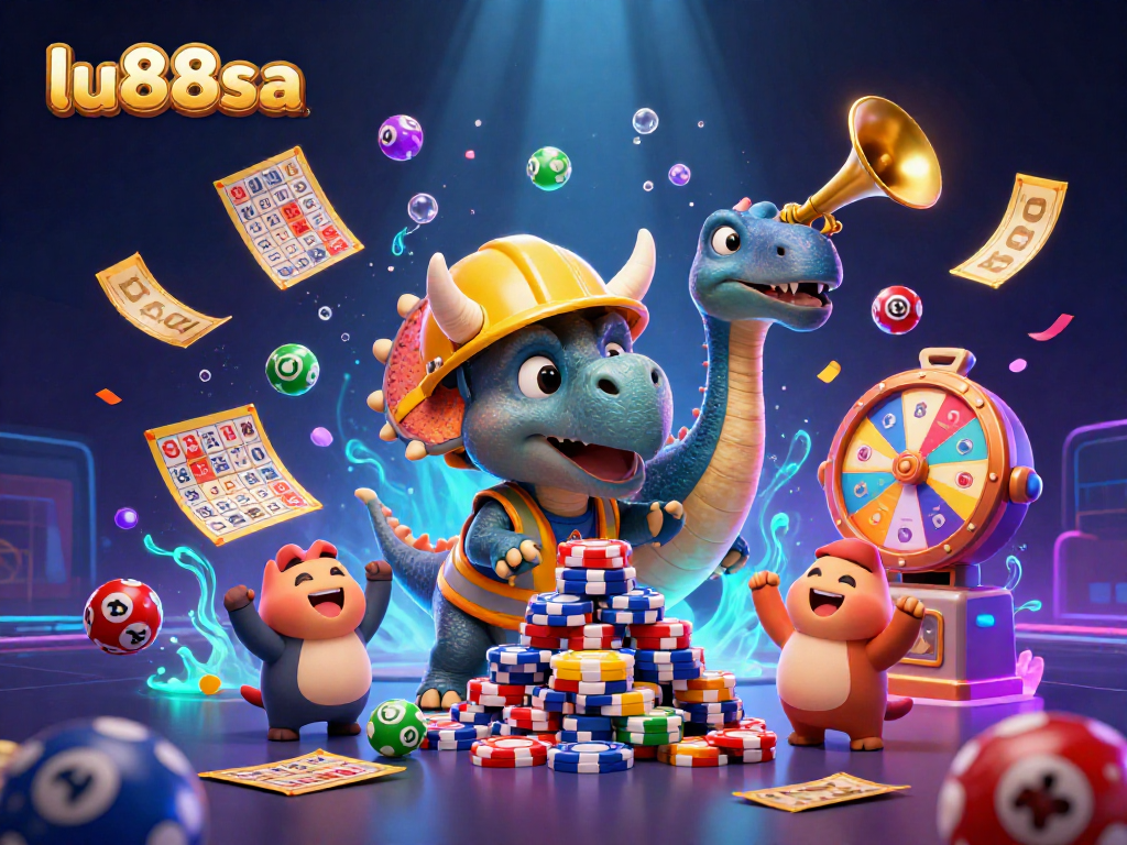Join the excitement at lu88sa while a triceratops builds poker chip pyramids in vibrant celebration.