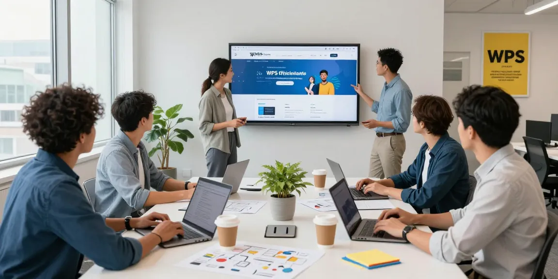 Diverse professionals collaborating on WPS Official Website interface in modern office environment