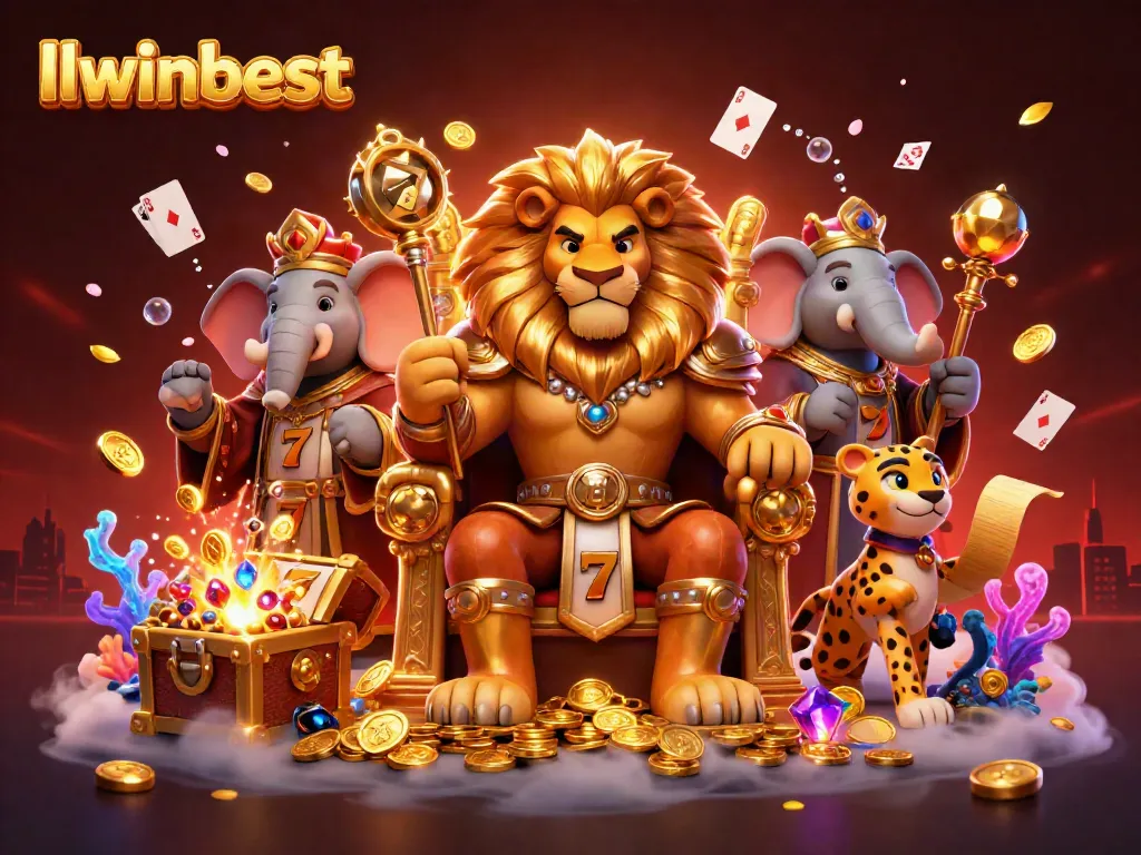 Experience the thrill at llwinbest with a majestic lion king surrounded by vibrant casino elements.