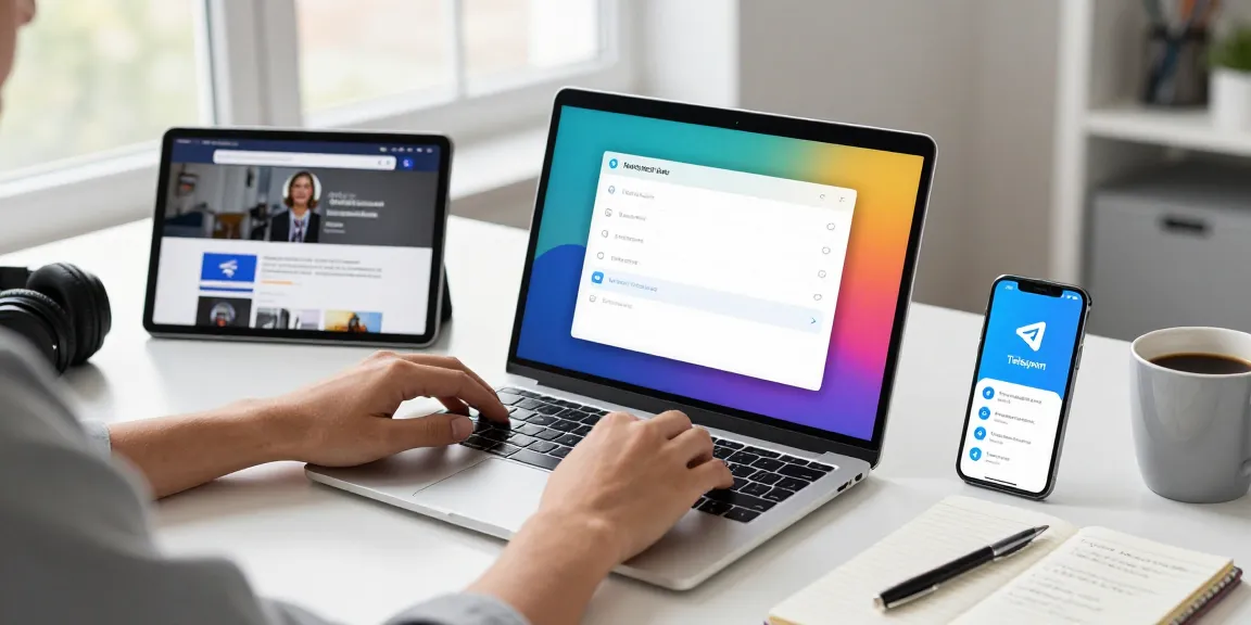Adjusting Telegram Chinese settings on a laptop in a modern office.