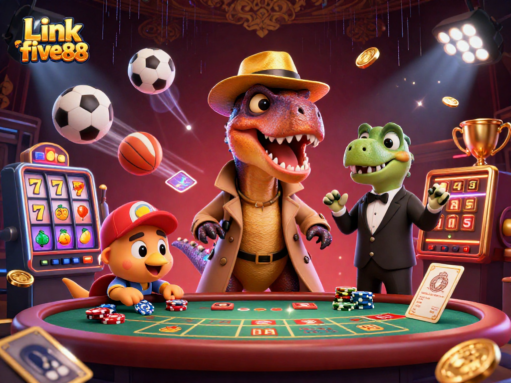Experience excitement with Link five88 as a velociraptor plays blackjack in a vibrant casino scene.
