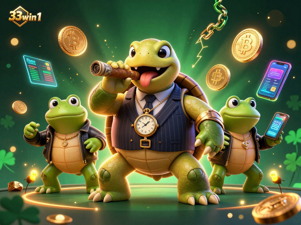 Engage in thrilling gaming action with 33win1 as a snapping turtle mobster ignites the crypto casino atmosphere.