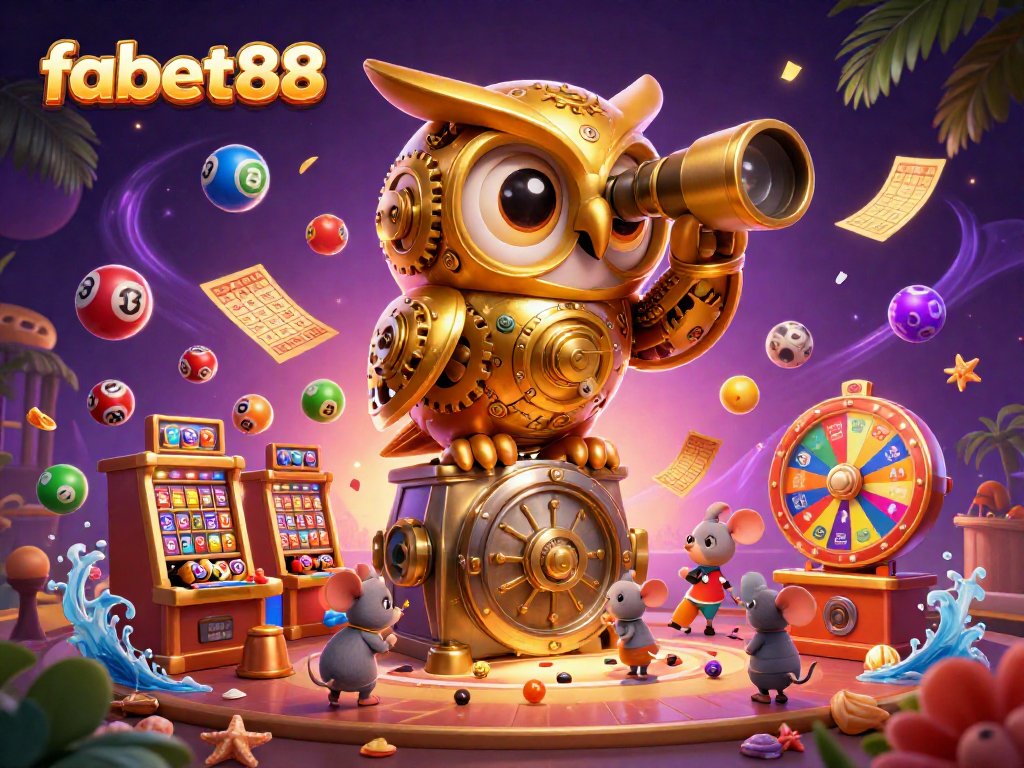 Engage with fabet88's vibrant casino scene featuring a clockwork owl, games, and winning elements.