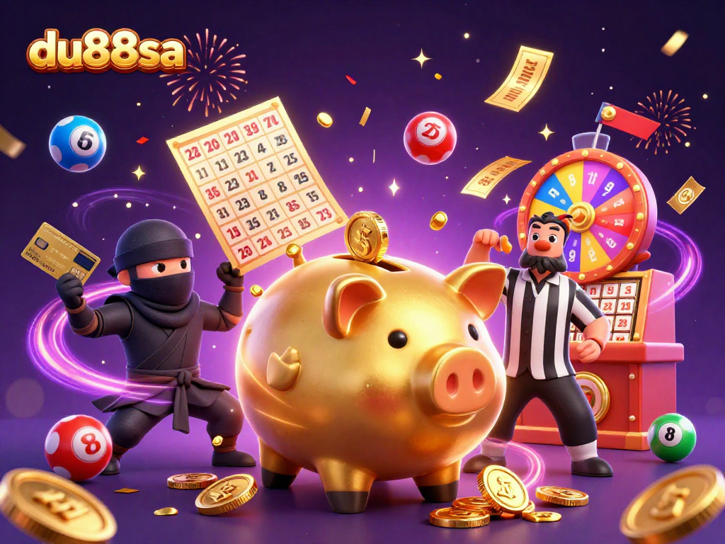 Join the exciting gameplay at du88sa in an action-packed casino scene featuring a golden piggy bank and more.