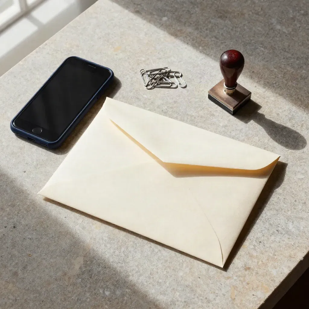 Flatlay med telefon, datumstämpel, gem och kuvert på stenbord i mjukt ljus.