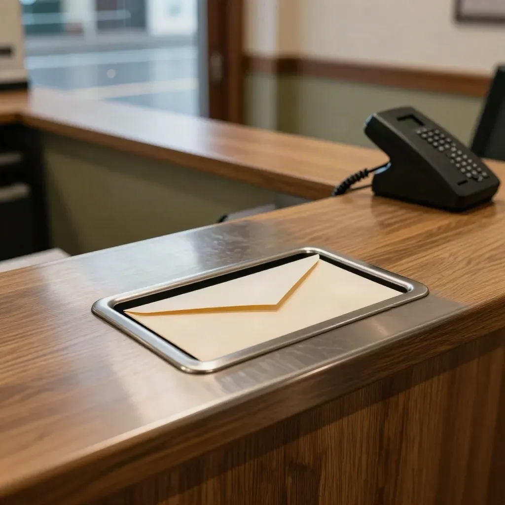 Närbild av receptionsdisk med sorteringstråg, brevslits och telefonbas i varmt regnljus.