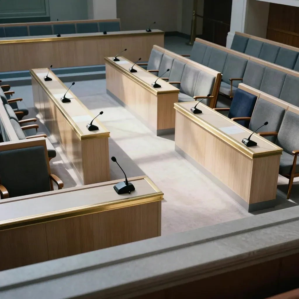 Tom council chamber med uppfällda mikrofoner och tomma stolar sedd från balkong