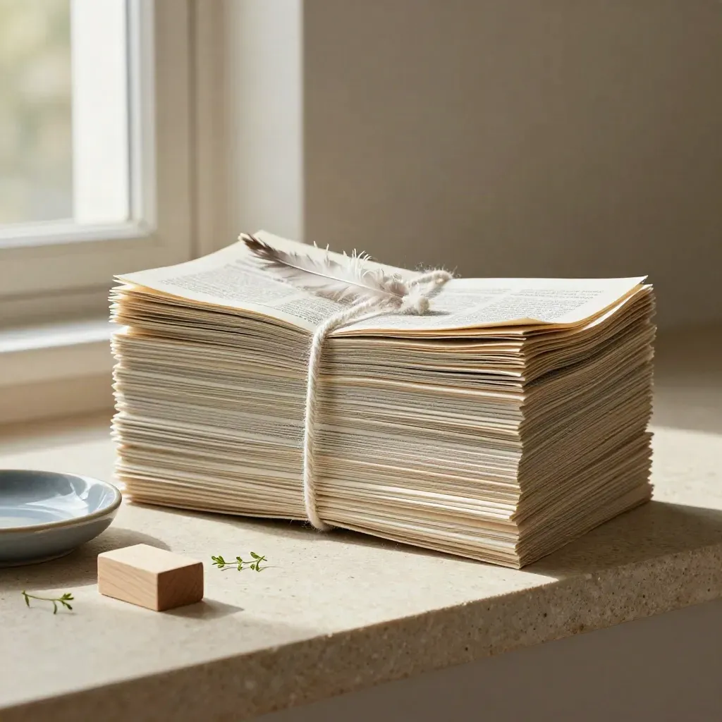 Fälld tidningsbunt på stenhylld med skål, träblock och liten kvist