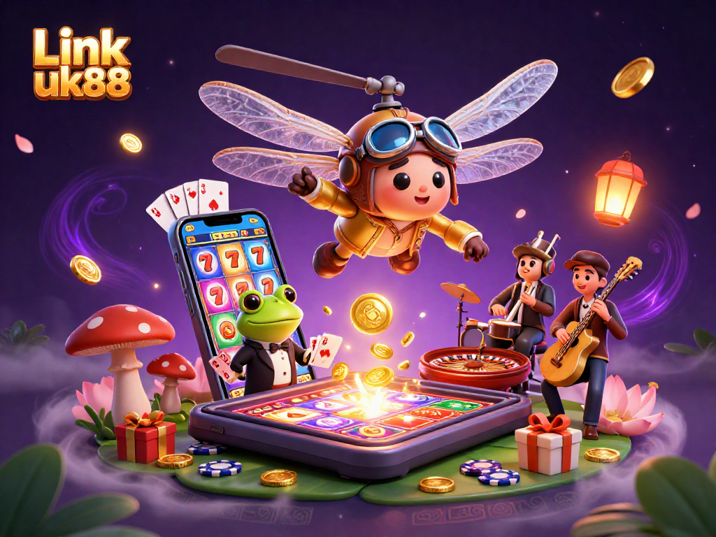 Engage in thrilling gameplay at Link uk88 with a vibrant 3D illustration featuring a dragonfly pilot and game elements.