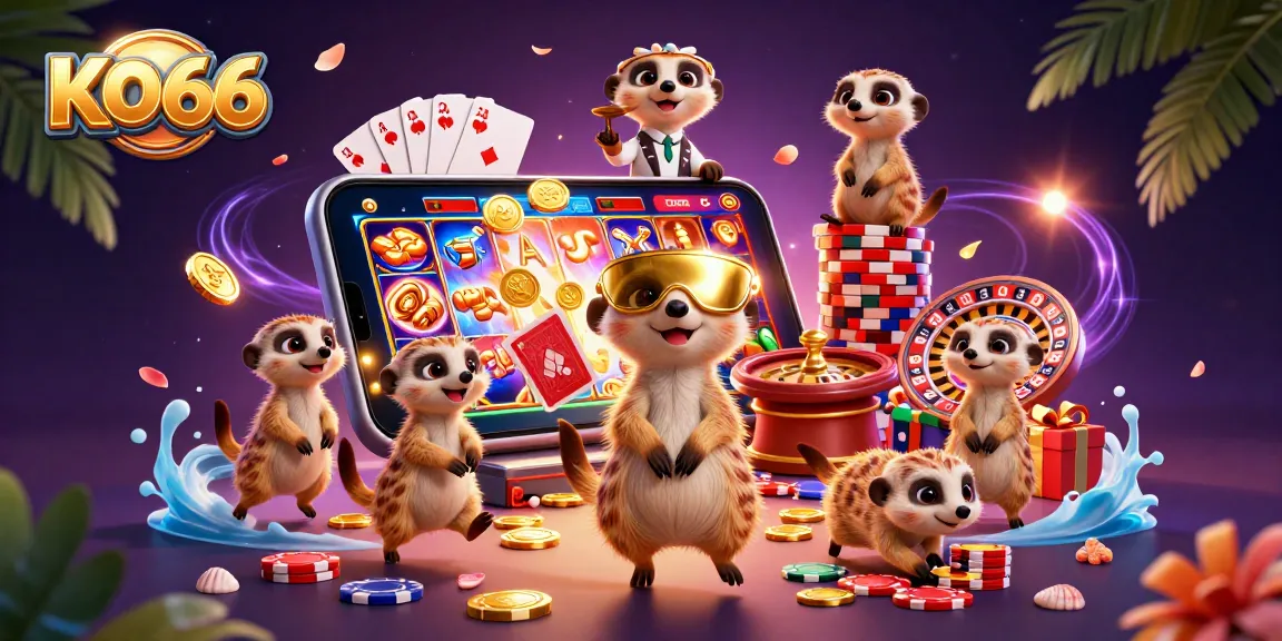 Experience the thrill at KO66 with meerkats running a vibrant casino operation amidst colorful slot games.