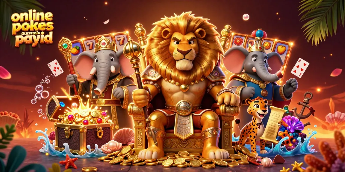 Engage with online pokies australia payid at vibrant casinos featuring a regal lion king, glowing slot reels, and trusted gaming elements.