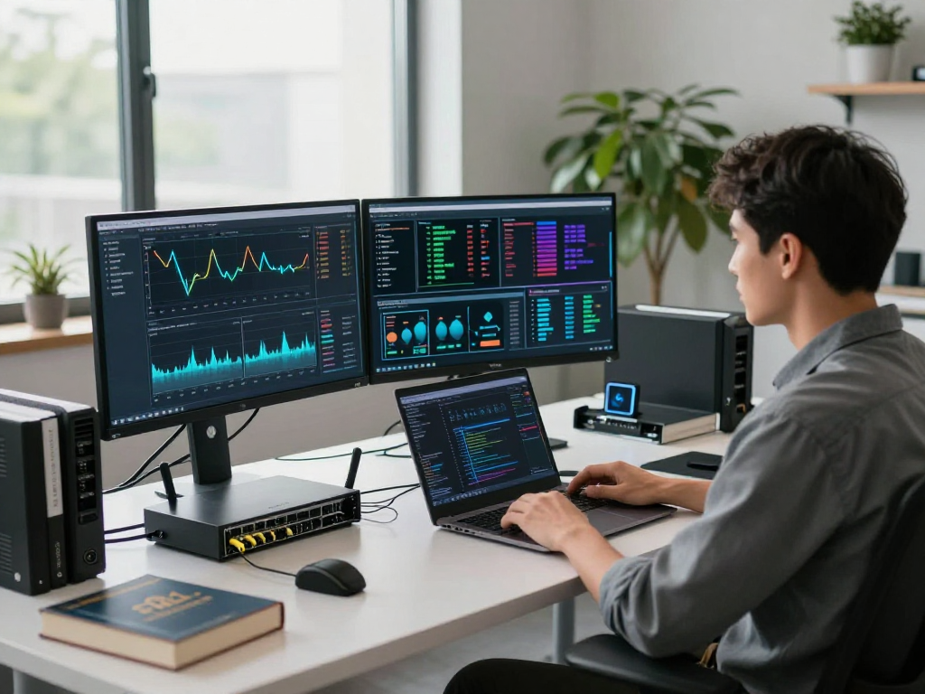 Network engineer at https://88.rokok.uk analyzing server uptime and performance metrics in a modern tech workspace.