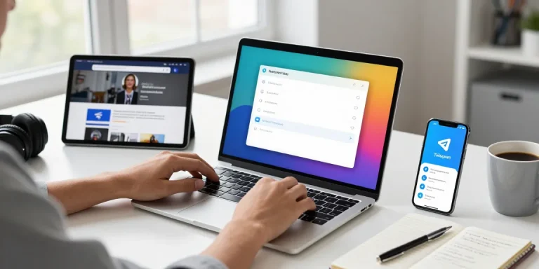 Adjusting Telegram Chinese settings on a laptop in a modern office.