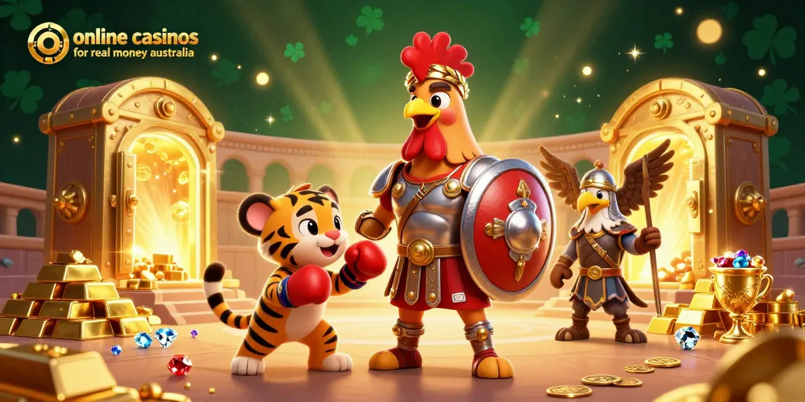 Experience excitement at online casinos for real money australia with vibrant gaming elements and characters animatedly competing.